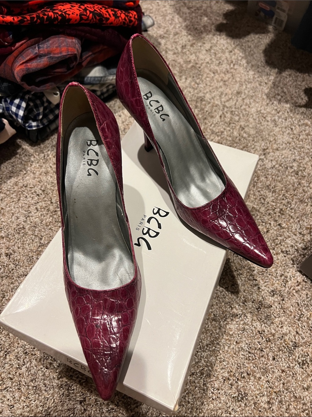 BCBG Burgundy Croc-Embossed Pointed Toe Pumps